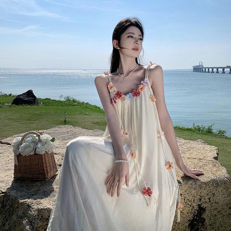 Flower Accent Strap Spaghetti Dress A-Line Midi