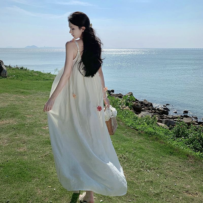 Flower Accent Strap Spaghetti Dress A-Line Midi