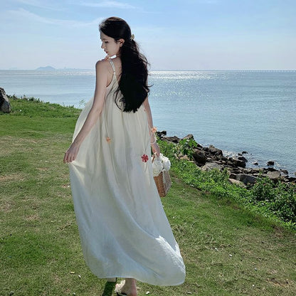 Flower Accent Strap Spaghetti Dress A-Line Midi