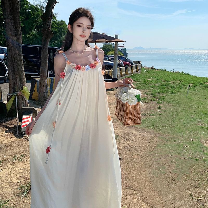 Flower Accent Strap Spaghetti Dress A-Line Midi