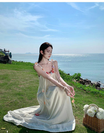 Flower Accent Strap Spaghetti Dress A-Line Midi