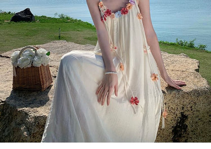 Flower Accent Strap Spaghetti Dress A-Line Midi