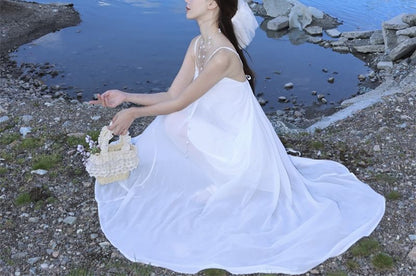 Spaghetti Midi Asymmetrical Plain A-Line Strap Dress