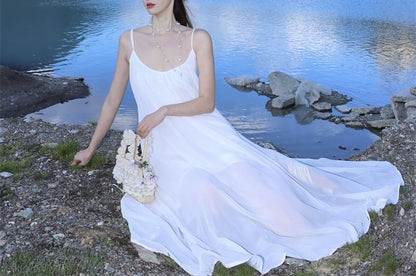 Spaghetti Midi Asymmetrical Plain A-Line Strap Dress