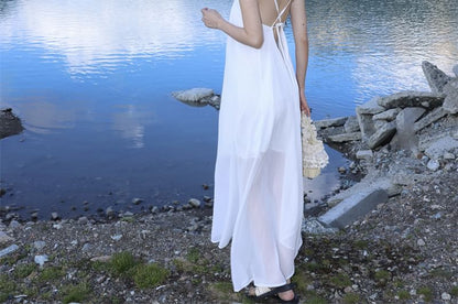 Spaghetti Midi Asymmetrical Plain A-Line Strap Dress