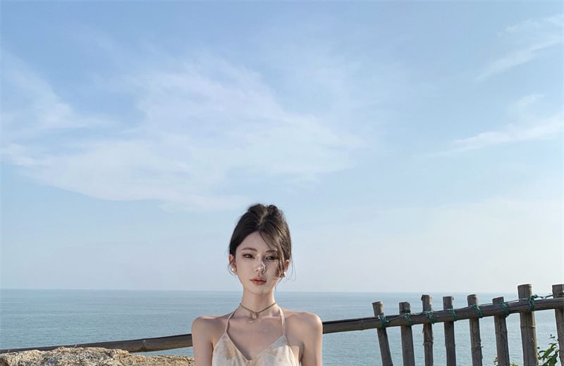 A-Line Open Back Floral Trim Dress Maxi Halter Ruffle