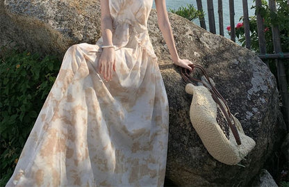 A-Line Open Back Floral Trim Dress Maxi Halter Ruffle