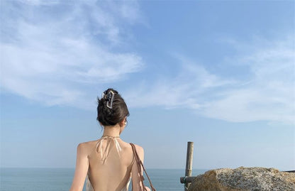 A-Line Open Back Floral Trim Dress Maxi Halter Ruffle