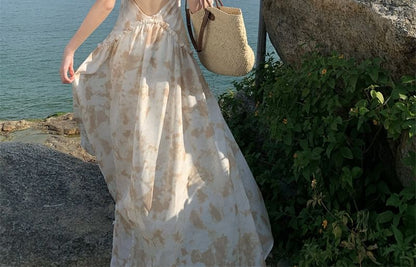 A-Line Open Back Floral Trim Dress Maxi Halter Ruffle