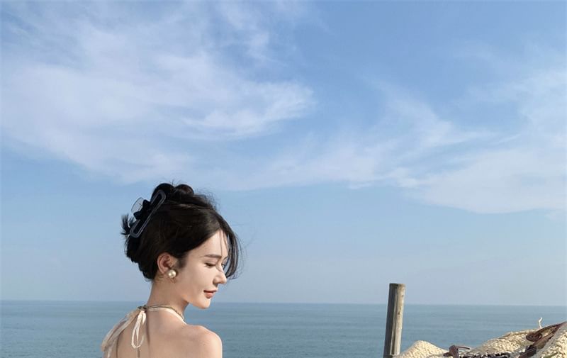 A-Line Open Back Floral Trim Dress Maxi Halter Ruffle