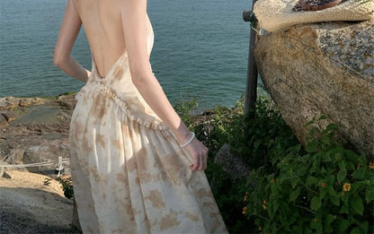 A-Line Open Back Floral Trim Dress Maxi Halter Ruffle