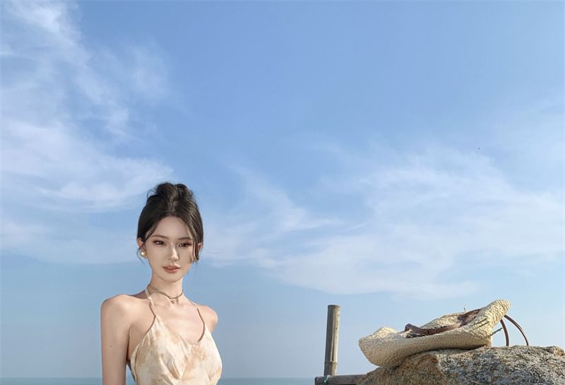 A-Line Open Back Floral Trim Dress Maxi Halter Ruffle