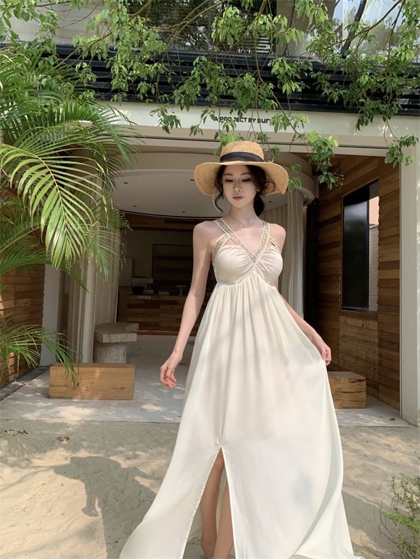 Sleeveless Maxi V-Neck Slit Dress A-Line Cutout