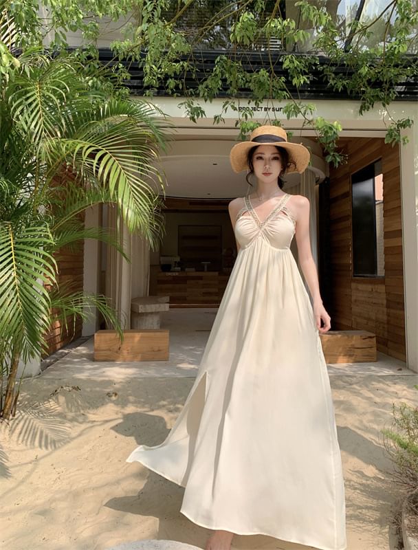 Sleeveless Maxi V-Neck Slit Dress A-Line Cutout