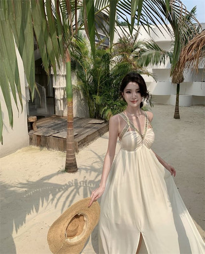 Sleeveless Maxi V-Neck Slit Dress A-Line Cutout