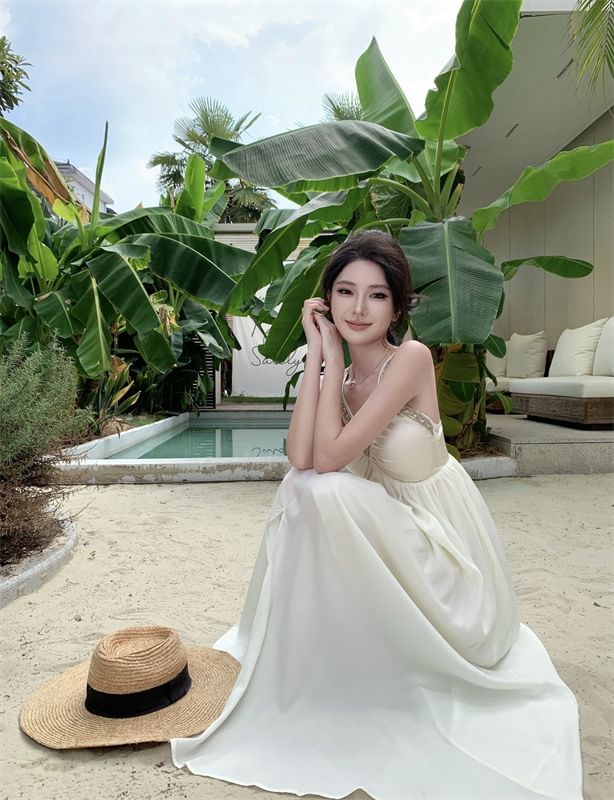 Sleeveless Maxi V-Neck Slit Dress A-Line Cutout