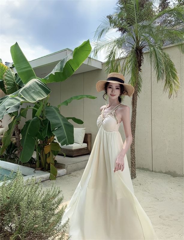 Sleeveless Maxi V-Neck Slit Dress A-Line Cutout