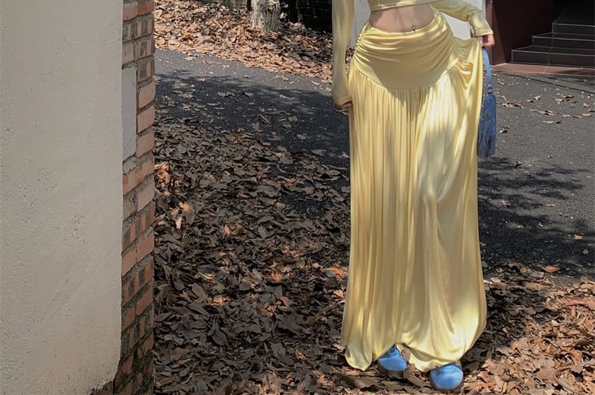 A-Line Tee Crop Slim Skirt Set: Long-Sleeve + Waist Fit High Off-Shoulder Maxi Plain