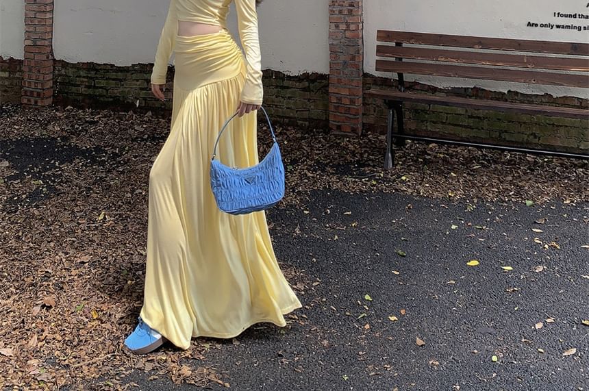 A-Line Tee Crop Slim Skirt Set: Long-Sleeve + Waist Fit High Off-Shoulder Maxi Plain