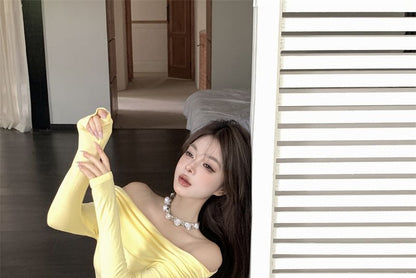 A-Line Tee Crop Slim Skirt Set: Long-Sleeve + Waist Fit High Off-Shoulder Maxi Plain