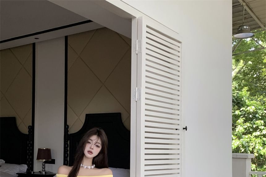 A-Line Tee Crop Slim Skirt Set: Long-Sleeve + Waist Fit High Off-Shoulder Maxi Plain