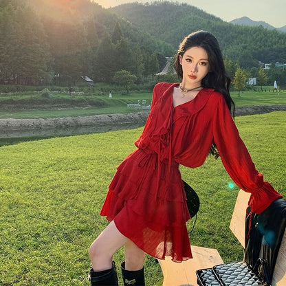 Skirt A-Line + Mini V-Neck Tiered Blouse Set: Plain Long-Sleeve