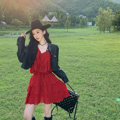 Skirt A-Line + Mini V-Neck Tiered Blouse Set: Plain Long-Sleeve