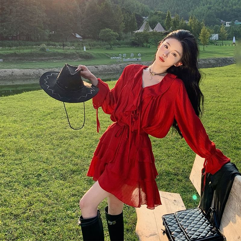 Skirt A-Line + Mini V-Neck Tiered Blouse Set: Plain Long-Sleeve