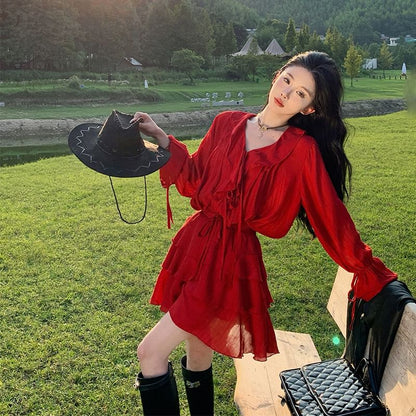 Skirt A-Line + Mini V-Neck Tiered Blouse Set: Plain Long-Sleeve