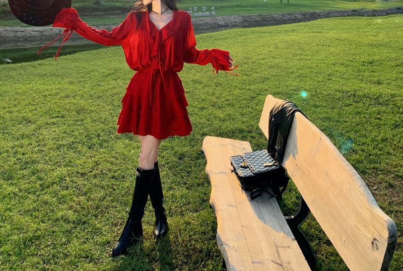 Skirt A-Line + Mini V-Neck Tiered Blouse Set: Plain Long-Sleeve