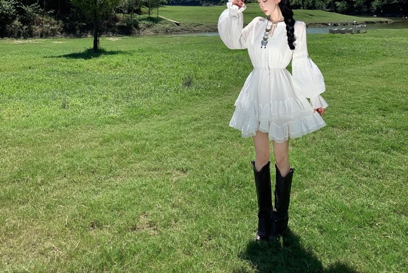 Trim Mini Long-Sleeve Dress Lace Plain A-Line Tiered