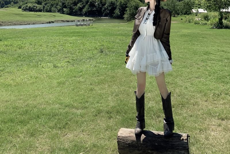 Trim Mini Long-Sleeve Dress Lace Plain A-Line Tiered