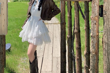 Trim Mini Long-Sleeve Dress Lace Plain A-Line Tiered