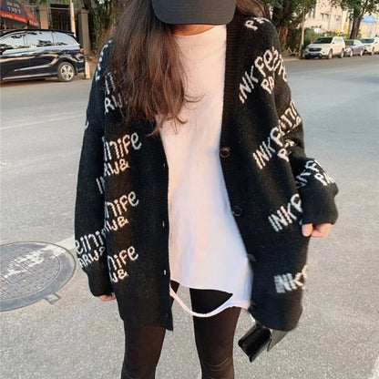 Oversized Lettering V-Neck Cardigan