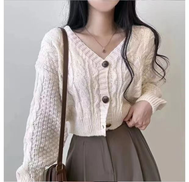 Cropped Cable-Knit V-Neck Cardigan