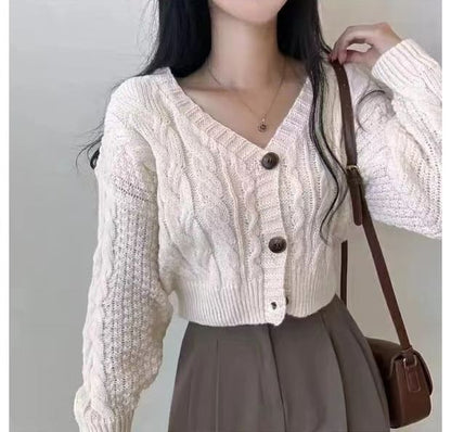 Cropped Cable-Knit V-Neck Cardigan