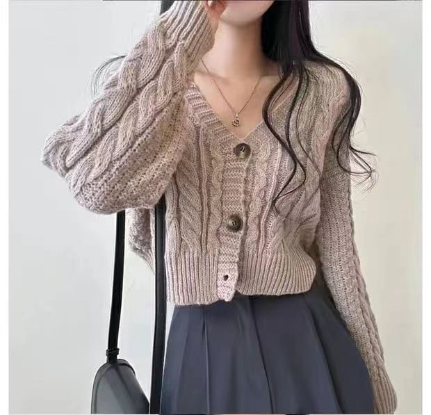 Cropped Cable-Knit V-Neck Cardigan