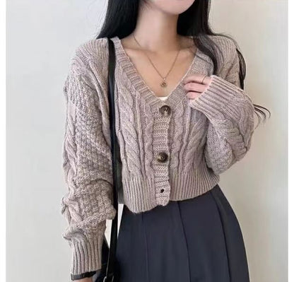 Cropped Cable-Knit V-Neck Cardigan