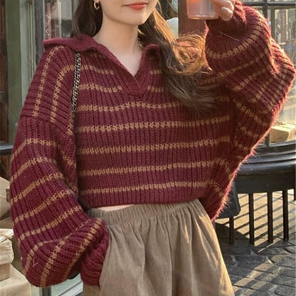 Dolman-Sleeve Striped Polo Sweater