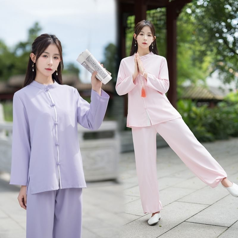 Set: Long-Sleeve Band Collar Plain Hanfu Blouse + Mid Rise Plain Wide Leg Pants