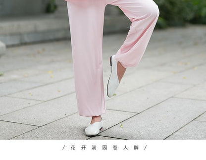 Set: Long-Sleeve Band Collar Plain Hanfu Blouse + Mid Rise Plain Wide Leg Pants