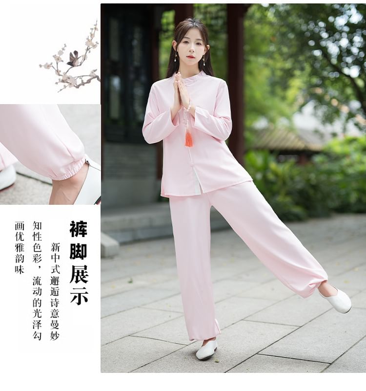 Set: Long-Sleeve Band Collar Plain Hanfu Blouse + Mid Rise Plain Wide Leg Pants