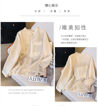 Long Sleeve Band Collar Plain Hanfu Blouse