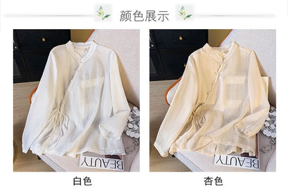 Long Sleeve Band Collar Plain Hanfu Blouse