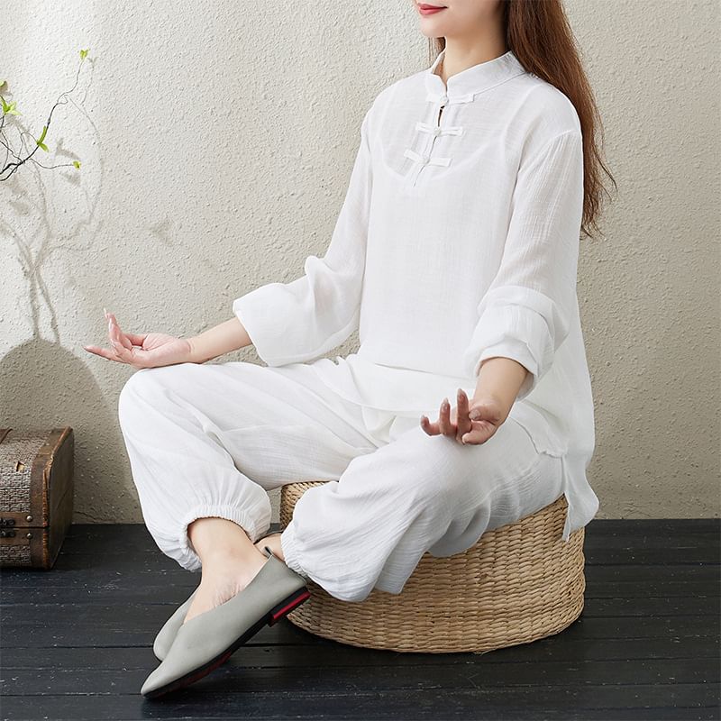 Set: Long-Sleeve Band Collar Plain Hanfu Top + Plain Camisole Top + Mid Rise Plain Harem Pants