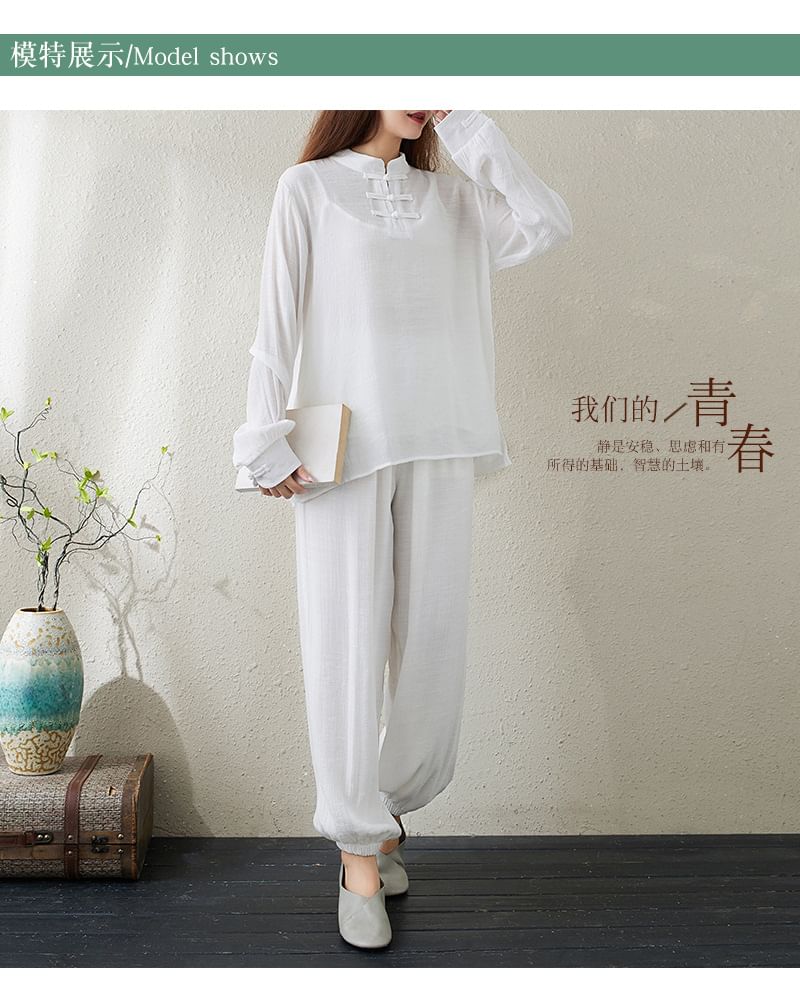 Set: Long-Sleeve Band Collar Plain Hanfu Top + Plain Camisole Top + Mid Rise Plain Harem Pants