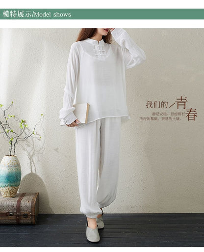 Set: Long-Sleeve Band Collar Plain Hanfu Top + Plain Camisole Top + Mid Rise Plain Harem Pants