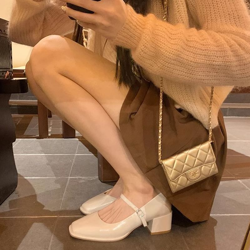 Toe Chunky Heel Mary Square Jane Shoes