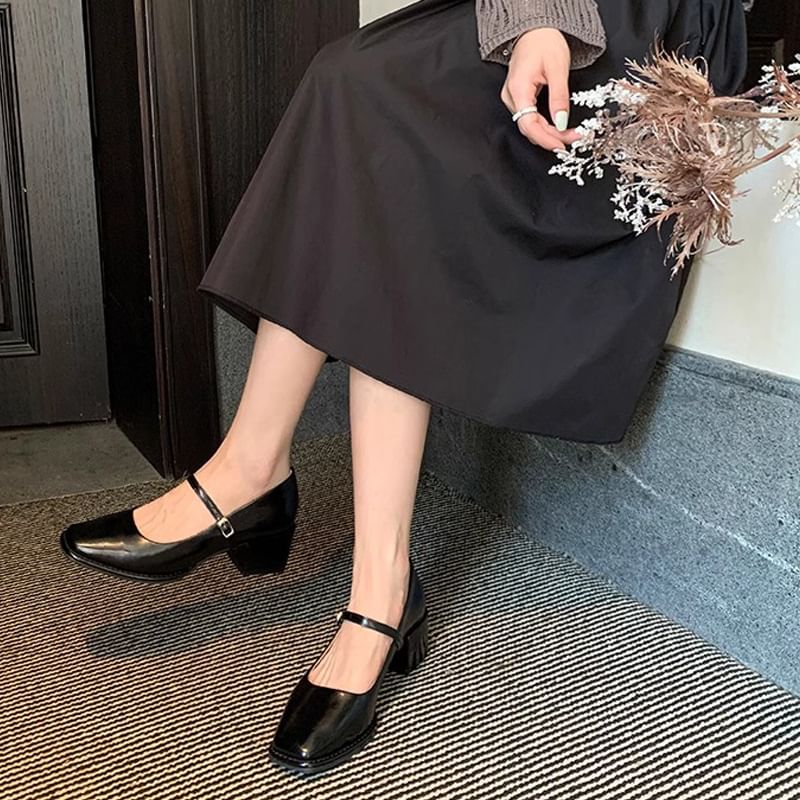 Toe Chunky Heel Mary Square Jane Shoes