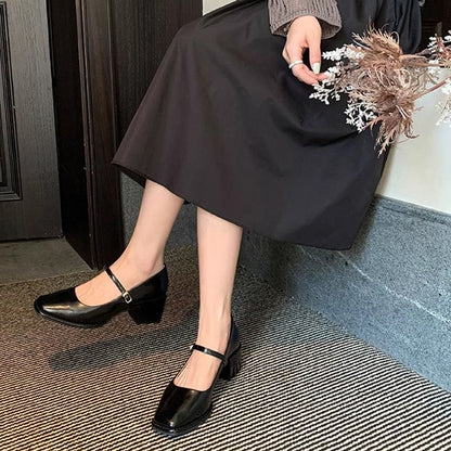 Toe Chunky Heel Mary Square Jane Shoes